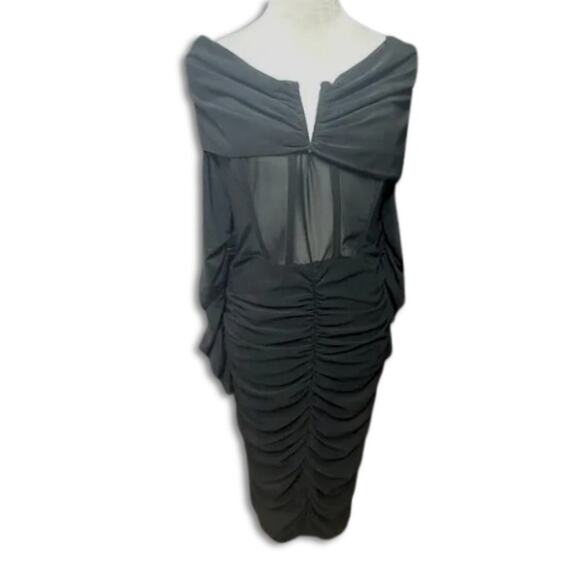 ASOS Luxe Curve Midi Dress Ruched Mesh Long Sleeve Back Zip Closure Black 12 NWT - Picture 1 of 10